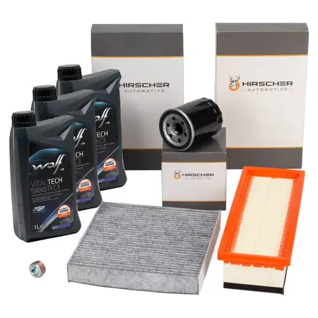 HIRSCHER Filterset + 3L WOLF 5W-40 PI C3 Motor&ouml;l f&uuml;r FIAT 500 09.2011 Panda 312_ 319_ 1.2