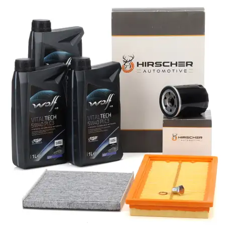 HIRSCHER Filter Set + 3L WOLF 5W40 PI C3 Engine Oil for FIAT 500 312 (up to August 2011) and Panda 169 1.4
