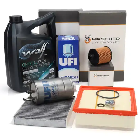 HIRSCHER Filterset 4-tlg + 5L WOLF 5W-30 C2/C3 P/RN f&uuml;r FIAT Doblo OPEL Combo 1.6/2.0 D