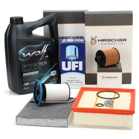 HIRSCHER Filterset 4-tlg + 5L WOLF 0W-20 LS-FE Motor&ouml;l f&uuml;r FIAT Doblo OPEL Combo 1.6/2.0 D