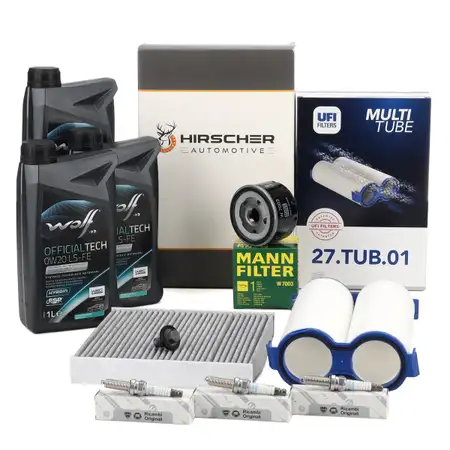 HIRSCHER Filter Set + 3L WOLF 0W20 LS-FE + 3x ORIGINAL Spark Plugs for FIAT 1.0 Mild Hybrid