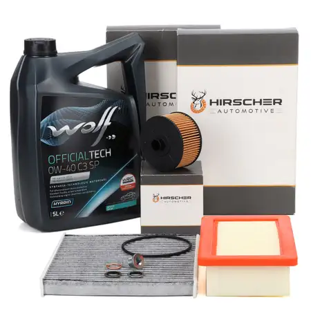 HIRSCHER Filterset + 5L WOLF 0W40 C3 SP Motor&ouml;l RENAULT Twingo 3 0.9 TCe 90/92/109 PS
