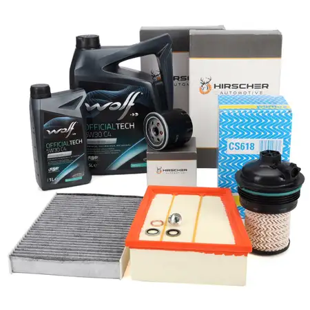 HIRSCHER Filterset 4-tlg + 6L WOLF 5W30 C4 f&uuml;r RENAULT Megane 4 Scenic 4 Talisman 1.5 dCi