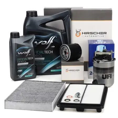 HIRSCHER Filterset 4-tlg + 6L WOLF 5W30 C4 Motor&ouml;l f&uuml;r RENAULT Kadjar Qashqai 2 1.5 dCi