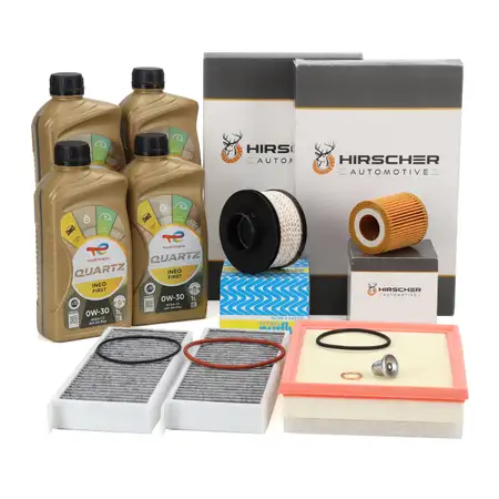 HIRSCHER Filterset 4-tlg + 4L TOTAL 0W30 Motor&ouml;l f&uuml;r OPEL Astra L PSA 308 II 508 II 1.5D