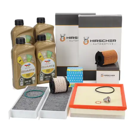 HIRSCHER Filterset 4-tlg + 4L TOTAL 0W30 f&uuml;r PEUGEOT 308 II 1.6 HDi / BlueHDi 99-120 PS