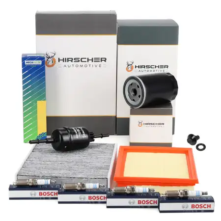 HIRSCHER Filterset 4-tlg + 4x BOSCH Z&uuml;ndkerze f&uuml;r FORD Fiesta 5 MK5 JU_ 1.3 + 1.6 16V
