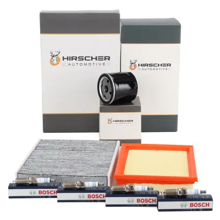 HIRSCHER Filterset 3-tlg + 4x BOSCH Z&uuml;ndkerze f&uuml;r FORD Fiesta 5 Fusion JU 1.25/1.4/1.6 16V