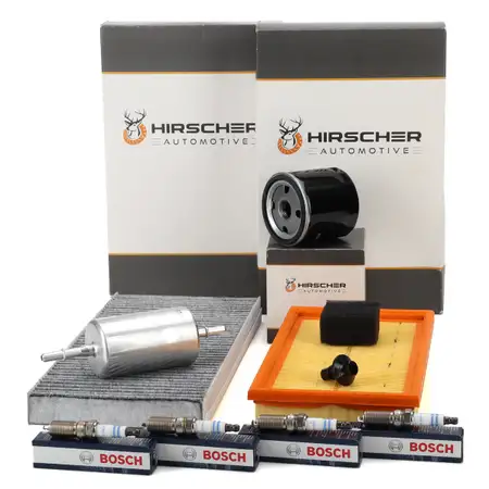 HIRSCHER Filterset 4-tlg + 4x BOSCH Z&uuml;ndkerze f&uuml;r FORD Focus 1 1.4 16V 75 PS bis 10.2004