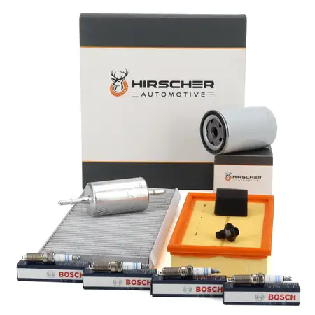 HIRSCHER Filterset 4-tlg + 4x BOSCH Z&uuml;ndkerze f&uuml;r FORD Focus 1 1.6 16V 100 PS ab 11.2004