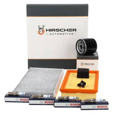 HIRSCHER Filterset 3-tlg + 4x BOSCH Z&uuml;ndkerze f&uuml;r FORD Focus 1 1.4 16V 75 PS ab 11.2004