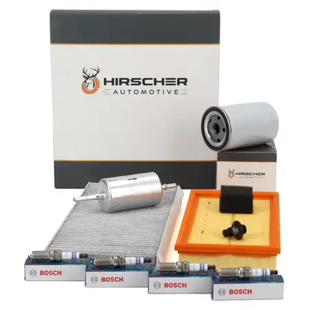 HIRSCHER Filterset 4-tlg + 4x BOSCH Z&uuml;ndkerze f&uuml;r FORD Focus 1 1.6/1.8/2.0 16V 100-131 PS