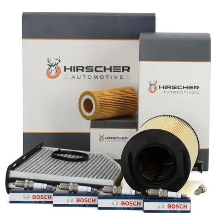 HIRSCHER Filterset + 4x BOSCH Z&uuml;ndkerze f&uuml;r VW Golf 5 6 Jetta 3 Passat Touran Eos 2.0 FSI