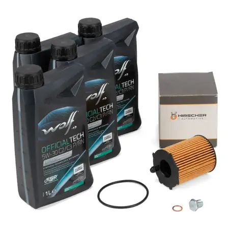 4L WOLF 5W30 C2/C3 P/RN Engine Oil + HIRSCHER Oil Filter for FIAT 500, 500L, Panda, 312, Punto 0.9