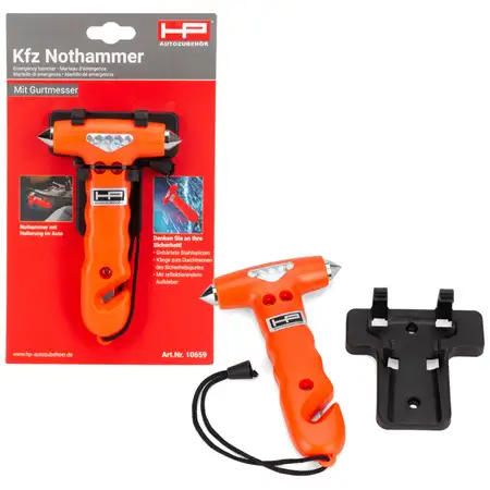 2x HP Nothammer Hammer Glasbrecher inklusive Gurtmesser Gurtschneider + Befestigungsplatte