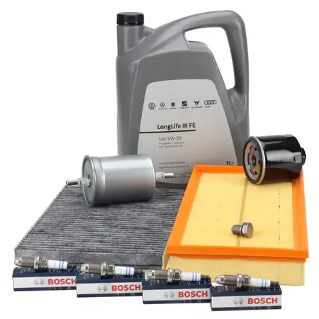 Filterset 4-tlg + 4x BOSCH Z&uuml;ndkerze + 5L ORIGINAL 0W30 Motor&ouml;l f&uuml;r VW Golf 4 Bora 1.6 FSI