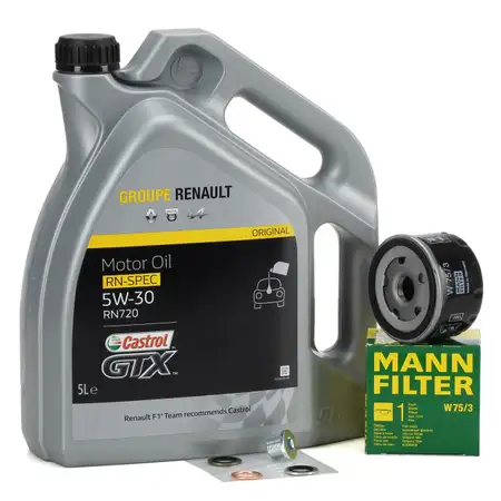 5L CASTROL GTX RN-SPEC 5W30 RN720 + MANN &Ouml;lfilter f&uuml;r RENAULT DACIA NISSAN OPEL