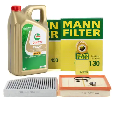 MANN Filterset 3-tlg + 5L CASTROL 5W30 Motor&ouml;l f&uuml;r AUDI A4 8K B8 A5 8T 8F Q5 8RB 2.0 TDI