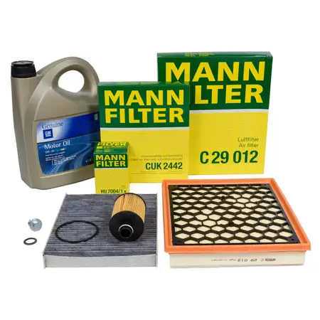 MANN Filterset 3-tlg + 5L ORIGINAL 5W30 Motor&ouml;l dexos2 f&uuml;r OPEL Insignia A 2.0 CDTI