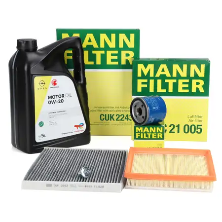 MANN Filterset Filterpaket + 5L ORIGINAL 0W-20 Motor&ouml;l f&uuml;r OPEL Adam M13 1.0 90/115 PS