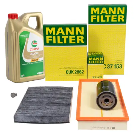 MANN Filterset 3-tlg + 5L CASTROL 5W30 Motor&ouml;l f&uuml;r VW Golf 4 AUDI A3 8L1 8N 1.6 1.8/T 2.0