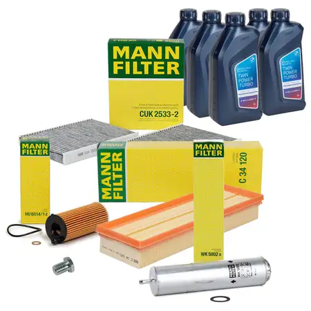 MANN Filterset 4-tlg + 5L ORIGINAL 5W30 Motor&ouml;l f&uuml;r BMW 5er F10 F11 518d 520d 150-211 B47