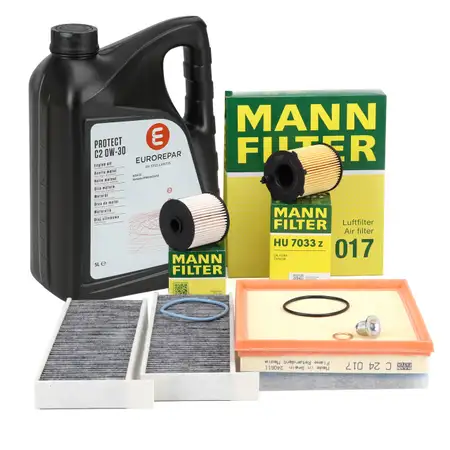 MANN Filterset 4-tlg + 5L EUROREPAR PROTECT C2 0W-30 Motor&ouml;l f&uuml;r CITROEN OPEL PEUGEOT 1.6D