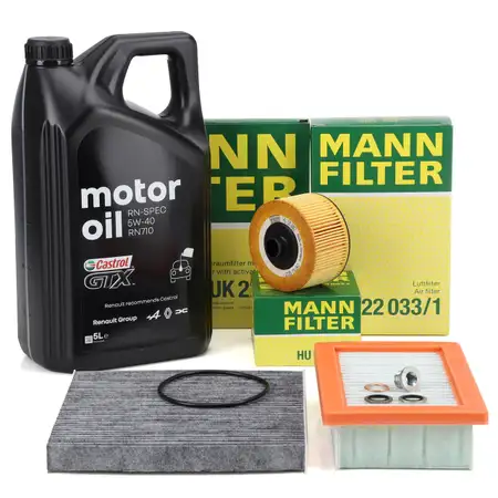 MANN Filterset + 5L CASTROL GTX RN-SPEC 5W40 Motor&ouml;l f&uuml;r RENAULT Twingo 3 0.9 TCe