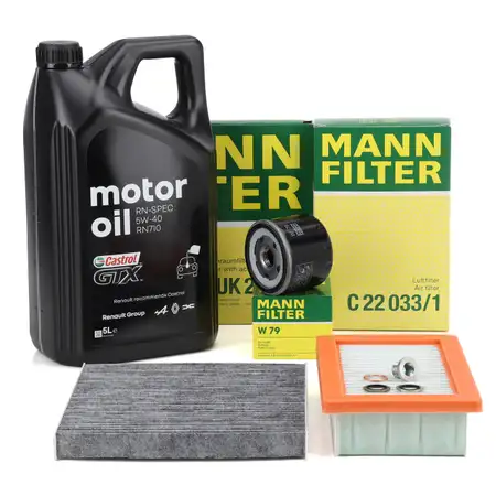 MANN Filterset + 5L CASTROL GTX RN-SPEC 5W40 Motor&ouml;l f&uuml;r RENAULT Twingo 3 1.0 SCe