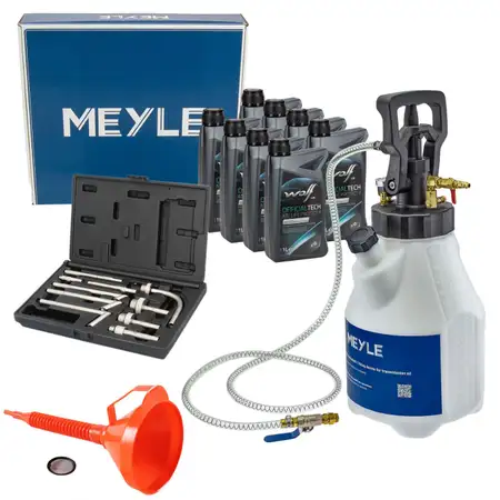MEYLE 12,5L Druckluft Einf&uuml;llger&auml;t + Trichter + 8L WOLF ATF LIFE PROTECT 8 Getriebe&ouml;l