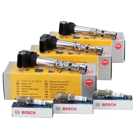 3x NGK Z&uuml;ndspule + 3x BOSCH Z&uuml;ndkerze f&uuml;r VW Polo 9N Fox SEAT Ibiza 3 SKODA Fabia 1 2 1.2