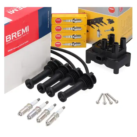 NGK Z&uuml;ndspule + BREMI Kabelsatz + 4x Z&uuml;ndkerze f&uuml;r FORD Fiesta 6 Focus 2 3 Mondeo 1.25-1.6