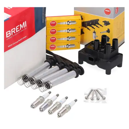 NGK Z&uuml;ndspule + BREMI Kabelsatz + 4x Z&uuml;ndkerze f&uuml;r FORD Fiesta 5 1.3 60 PS BAJA ab 09.2007