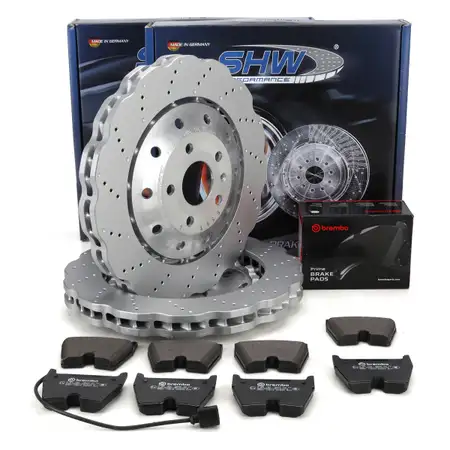 SHW Bremsscheiben + BREMBO Bremsbel&auml;ge + Sensor f&uuml;r AUDI RSQ3 8U PR-1LA/1ZT vorne