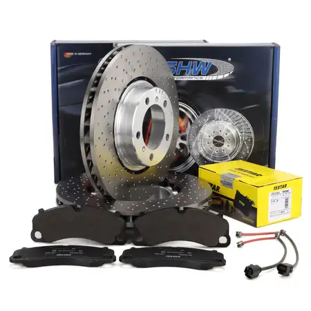 SHW Bremsscheiben + TEXTAR Bel&auml;ge + Sensor f&uuml;r PORSCHE 991 3.0 Carrera S / GTS vorne