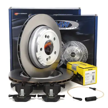 SHW Bremsscheiben + TEXTAR Bremsbel&auml;ge + Sensor f&uuml;r BMW 5er E39 M5 400 PS 1998-2003 hinten