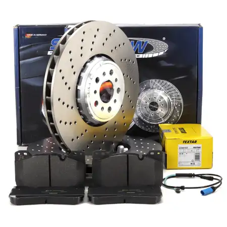 SHW Bremsscheiben + TEXTAR Bremsbel&auml;ge + Sensor f&uuml;r BMW M5 F90 M8 F91 F92 F93 vorne