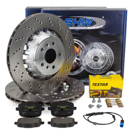 SHW Bremsscheiben + TEXTAR Bremsbel&auml;ge + Sensor f&uuml;r BMW X3M F97 X4M F98 480/510 PS hinten