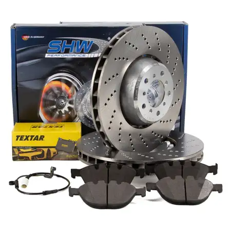 SHW Bremsscheiben + TEXTAR Bremsbel&auml;ge + Sensor f&uuml;r BMW 5er E60 E61 M5 6er E63 E64 vorne