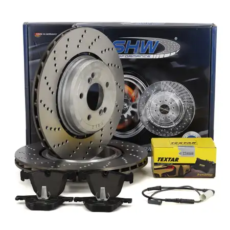 SHW Bremsscheiben + TEXTAR Bremsbel&auml;ge + Sensor f&uuml;r BMW 5er E60 M5 6er E63 E64 M6 hinten