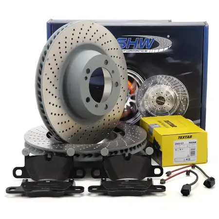 SHW Bremsscheiben + TEXTAR Bel&auml;ge Sensor f&uuml;r PORSCHE 992 3.0 Carrera S / 4S 2EB/2ET hinten