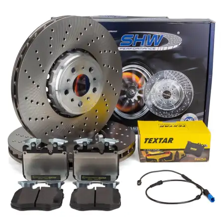 SHW Bremsscheiben + TEXTAR Bremsbel&auml;ge + Warnsensor f&uuml;r BMW X3M F97 X4M F98 480/510 vorne