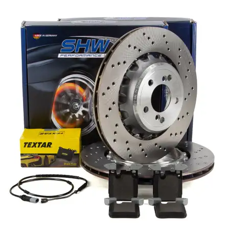 SHW Bremsscheiben + TEXTAR Bel&auml;ge + Sensor f&uuml;r BMW 2er M2 F87 3er M3 F80 4er M4 F82 hinten