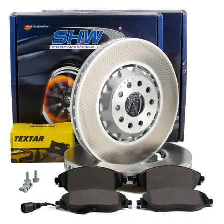 SHW Bremsscheiben + TEXTAR Bremsbel&auml;ge + Sensor f&uuml;r VW Golf 7 GTE Passat B7 B8 T-Roc vorne