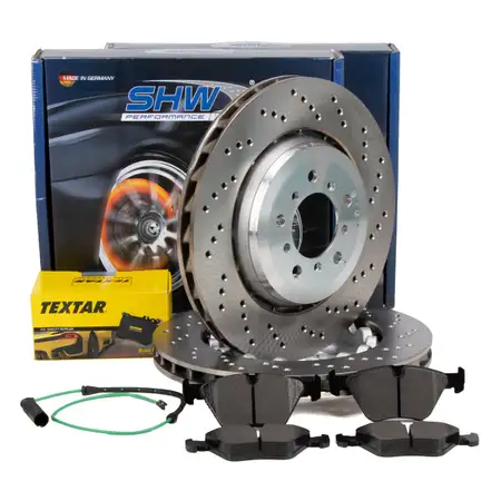 SHW Bremsscheiben + TEXTAR Bremsbel&auml;ge + Sensor f&uuml;r BMW Z4M E85 E86 343 PS vorne