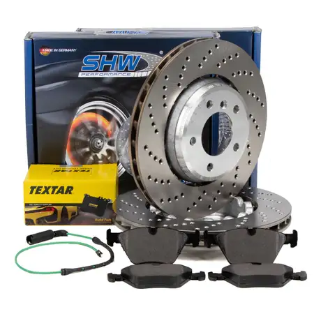 SHW Bremsscheiben + TEXTAR Bremsbel&auml;ge + Sensor f&uuml;r BMW 3er 330i 330xi 330d 330xd vorne