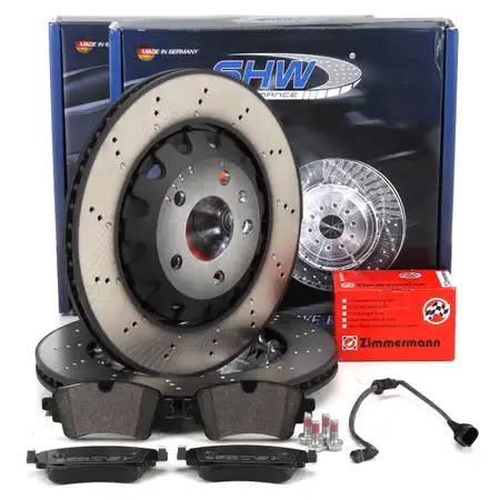 SHW Bremsscheiben + ZIMMERMANN Bremsbel&auml;ge + Sensor f&uuml;r AUDI RS4 B9 RS5 F5 450 PS hinten
