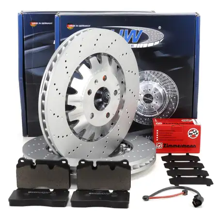 SHW Bremsscheiben + ZIMMERMANN Bel&auml;ge + Sensor f&uuml;r AUDI TTRS 8J Ateca Leon 5F KL vorne