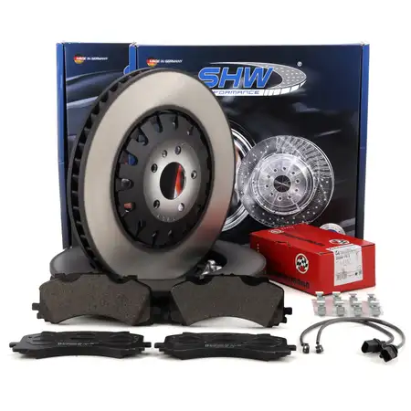 SHW Bremsscheiben + ZIMMERMANN Bremsbel&auml;ge + Sensor f&uuml;r AUDI A6 C8 A7 4K A8 4N vorne