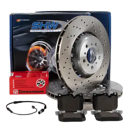 SHW Bremsscheiben + ZIMMERMANN Bremsbel&auml;ge + Sensor f&uuml;r BMW F87 M2 F80 M3 F82 F83 M4 vorne
